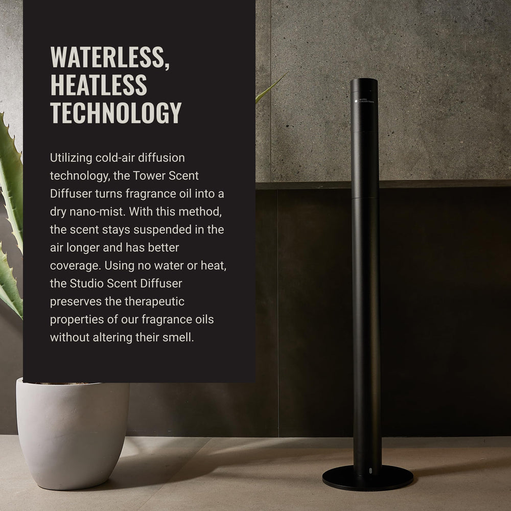 Aroma360 Hotel Collection Diffuser beside bed illustrating silent operation