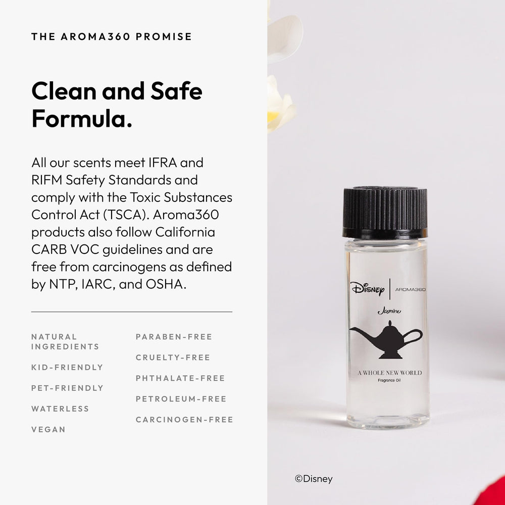 Close-up of Aroma360 luxury fragrance oil label highlighting premium packaging.