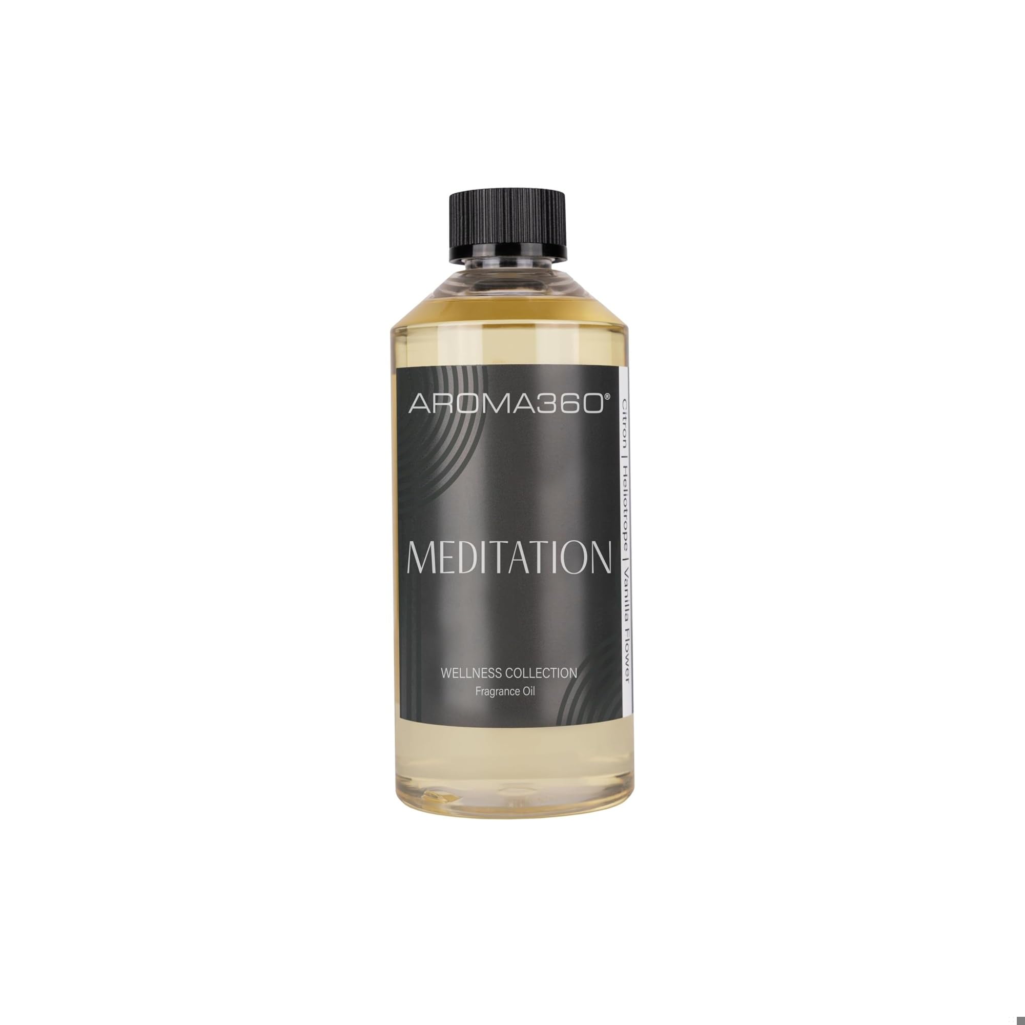 Aroma360 Meditation Fragrance Oil Blend 500ml bottle for calm, inviting diffusers.