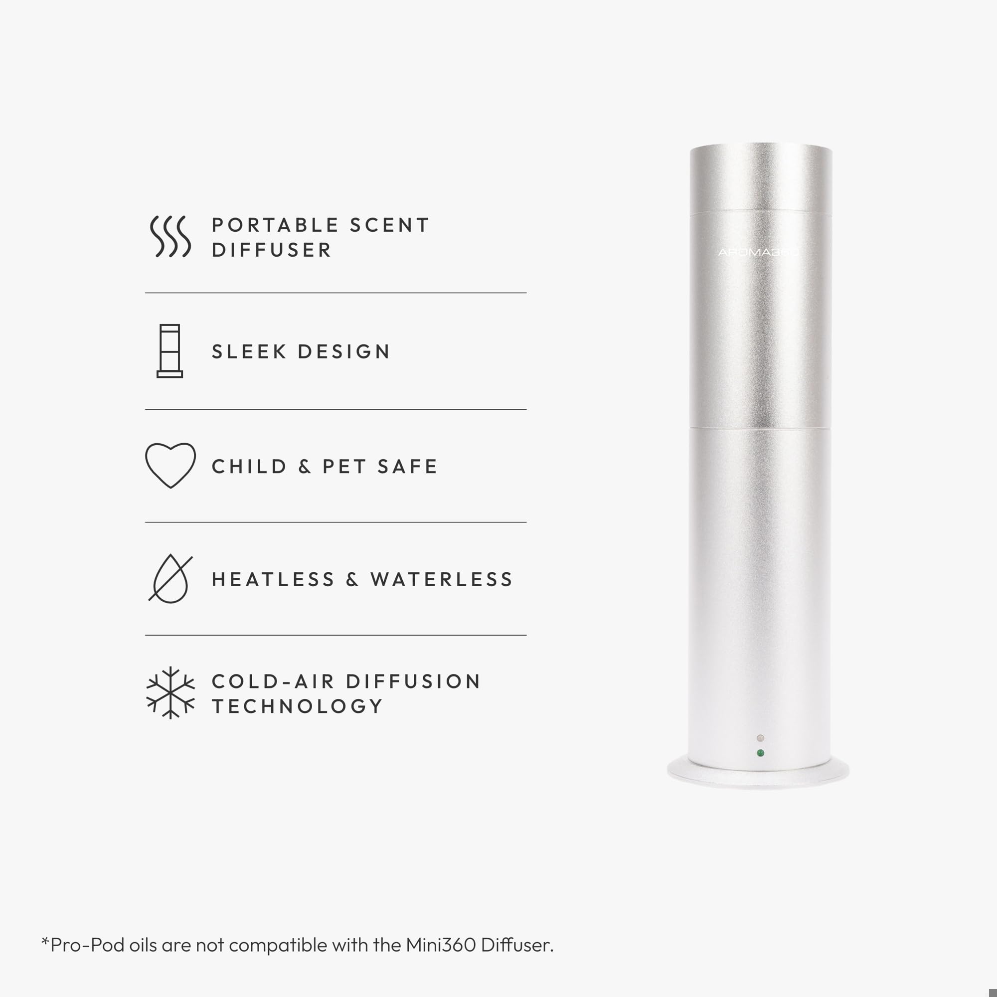Aroma360 Mini Pro Diffuser with dimensions and power display highlighting compact footprint.