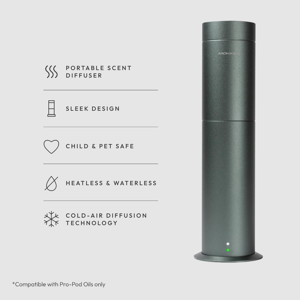 Aroma360 Mini Pro diffuser side view shows compact, stylish profile for any decor.