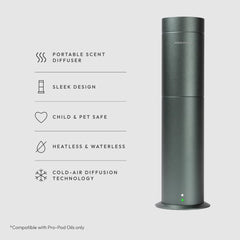 Aroma360 Mini Pro diffuser side view shows compact, stylish profile for any decor.