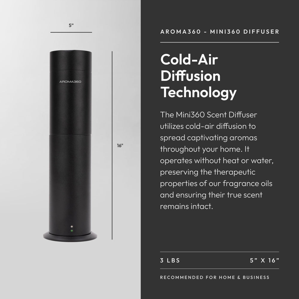 Aroma360 Mini360 diffuser demonstrates waterless, heat-free diffusion preserving essential oils.