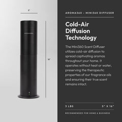Aroma360 Mini360 diffuser demonstrates waterless, heat-free diffusion preserving essential oils.
