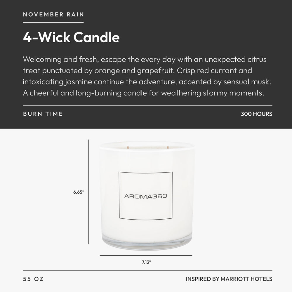 Aroma360 November Rain candle on a shelf with citrus aroma filling the room.