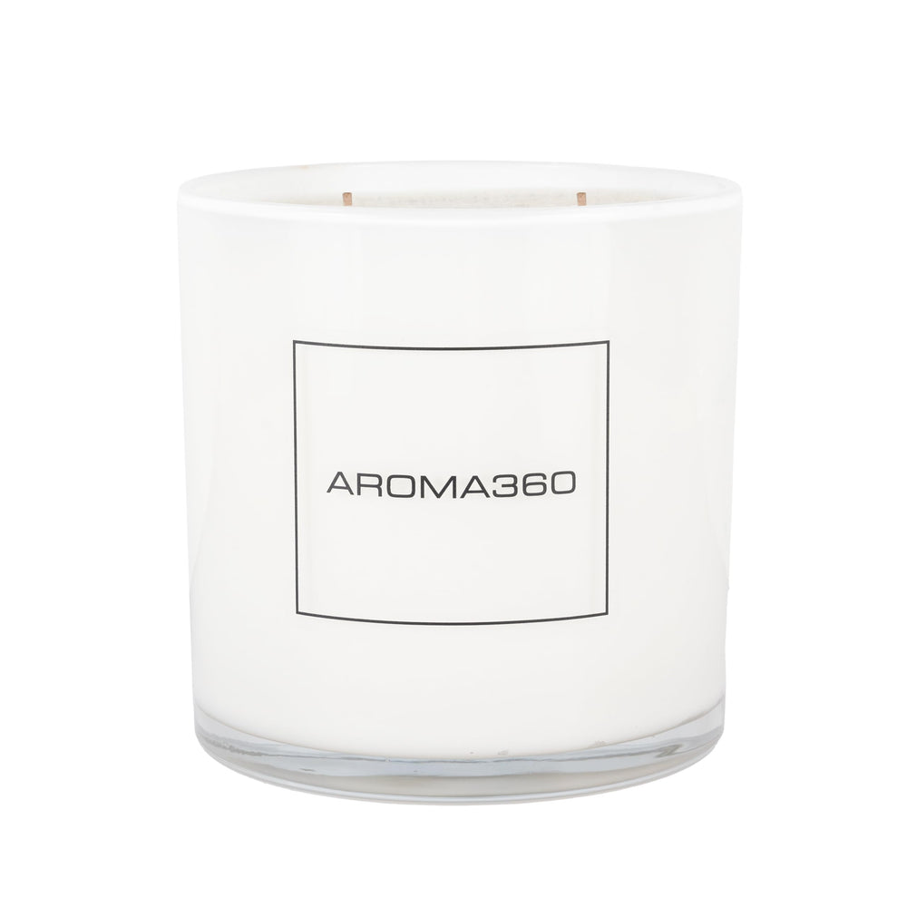 Aroma360 November Rain 55oz candle in a textured ceramic vessel for inviting spaces.