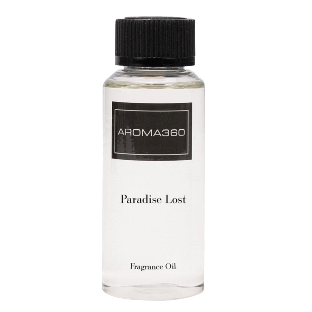 Aroma360 Paradise Lost bottle closeup highlighting vibrant orange-berry notes for a refreshed room.