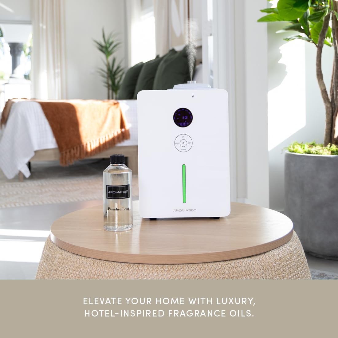 Aroma360 Paradise Lost diffuser setup with moss and musk cues for elegant home fragrance