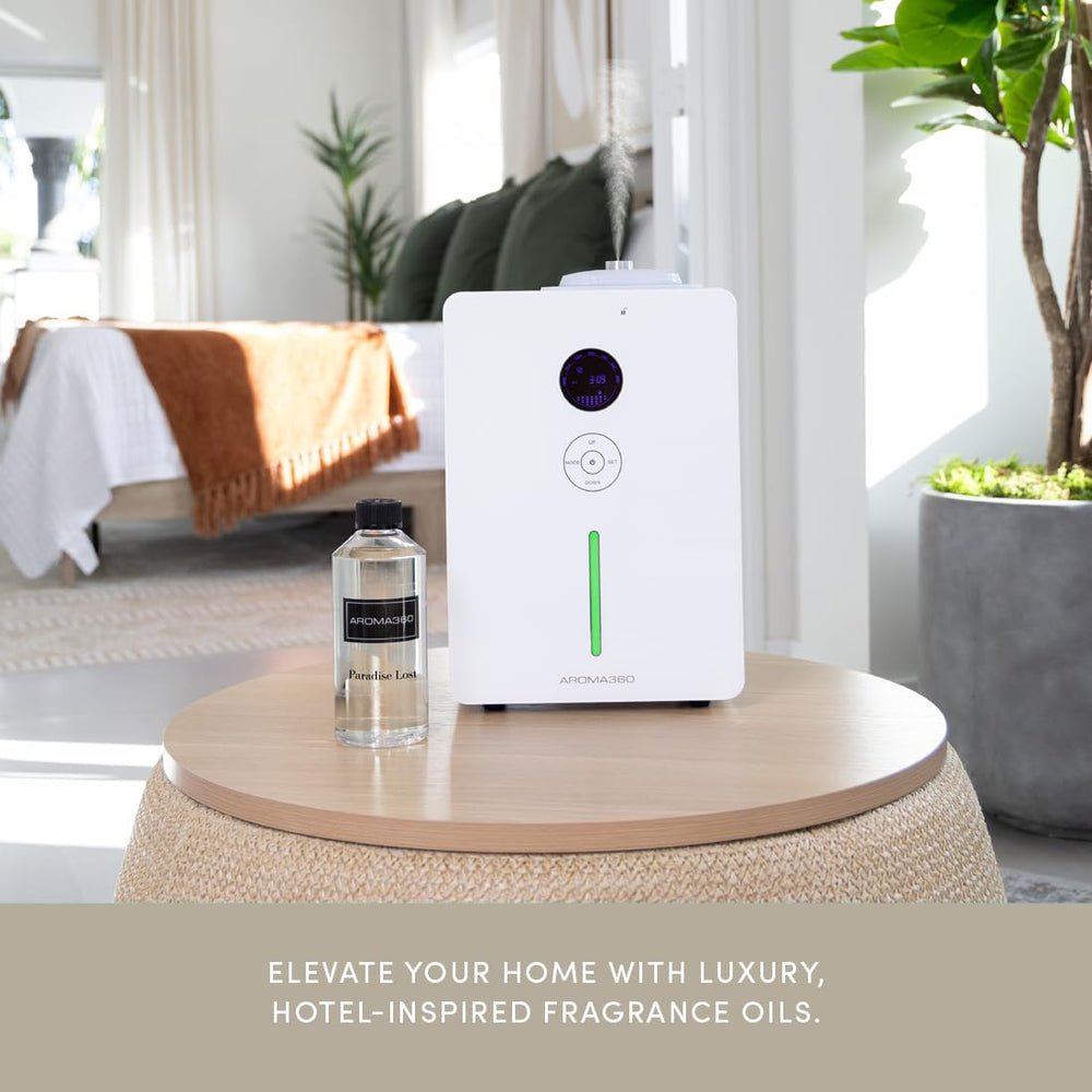 Aroma360 Paradise Lost diffuser setup with moss and musk cues for elegant home fragrance