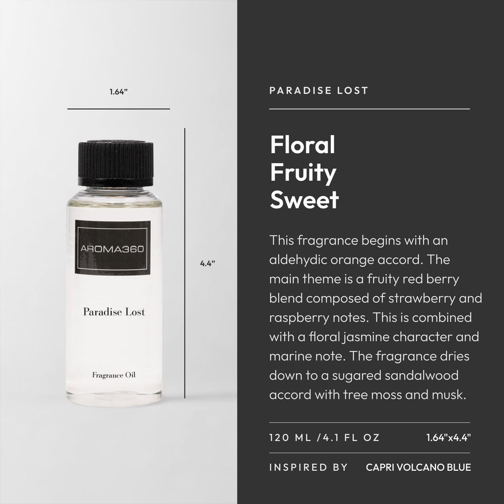 Aroma360 Paradise Lost orange-berry essence closeup conveys uplifting aroma for spaces.