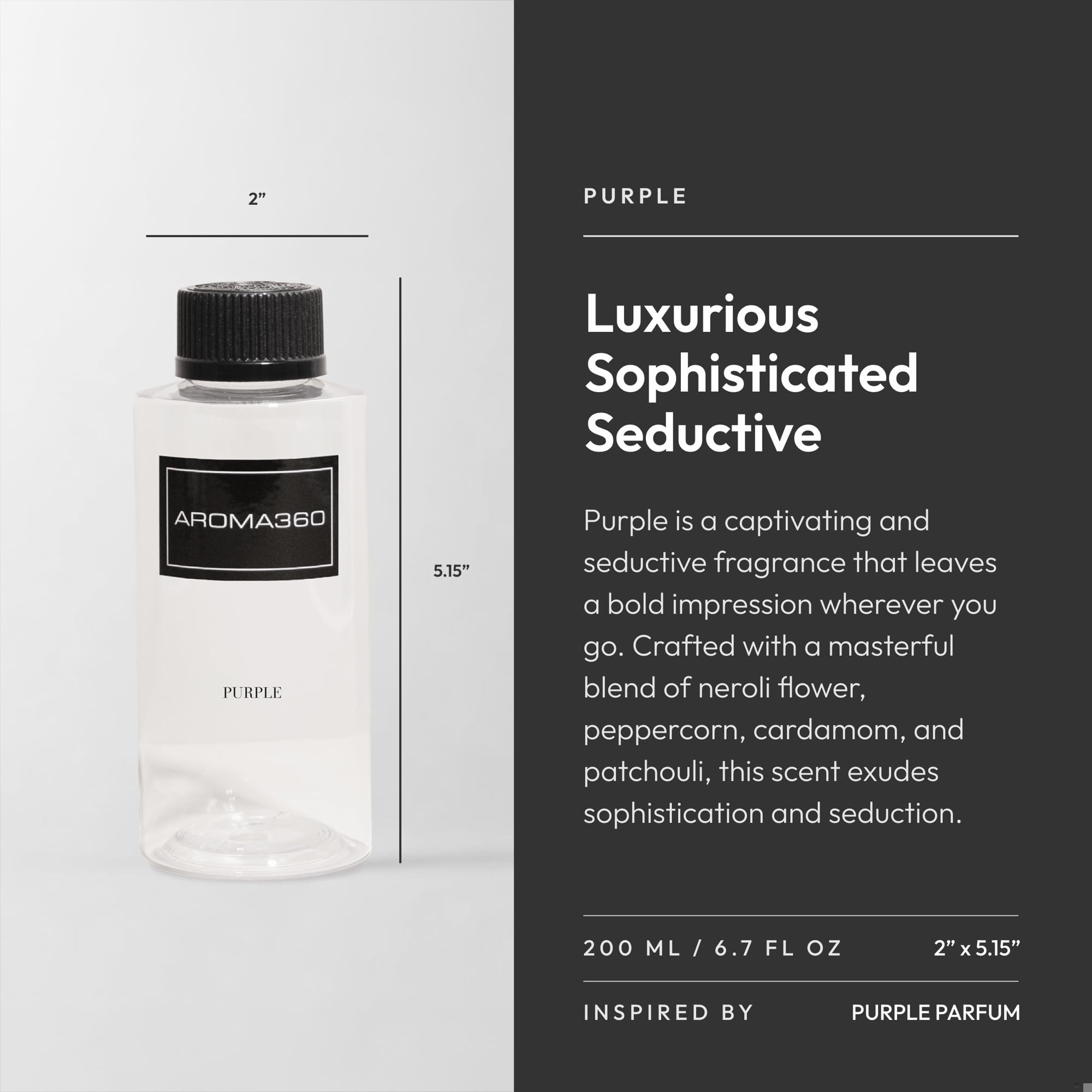 Aroma360 Purple 200mL bottle highlighting Cardamom and depth