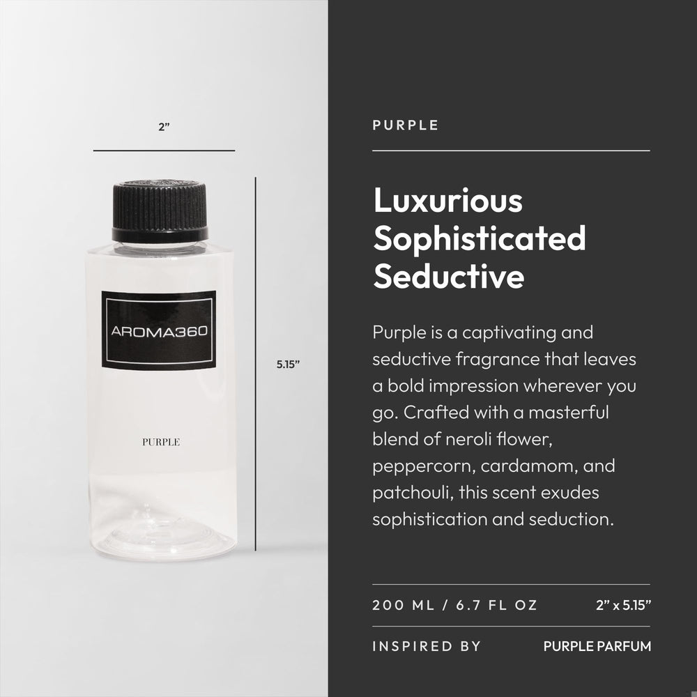 Aroma360 Purple 200mL bottle highlighting Cardamom and depth