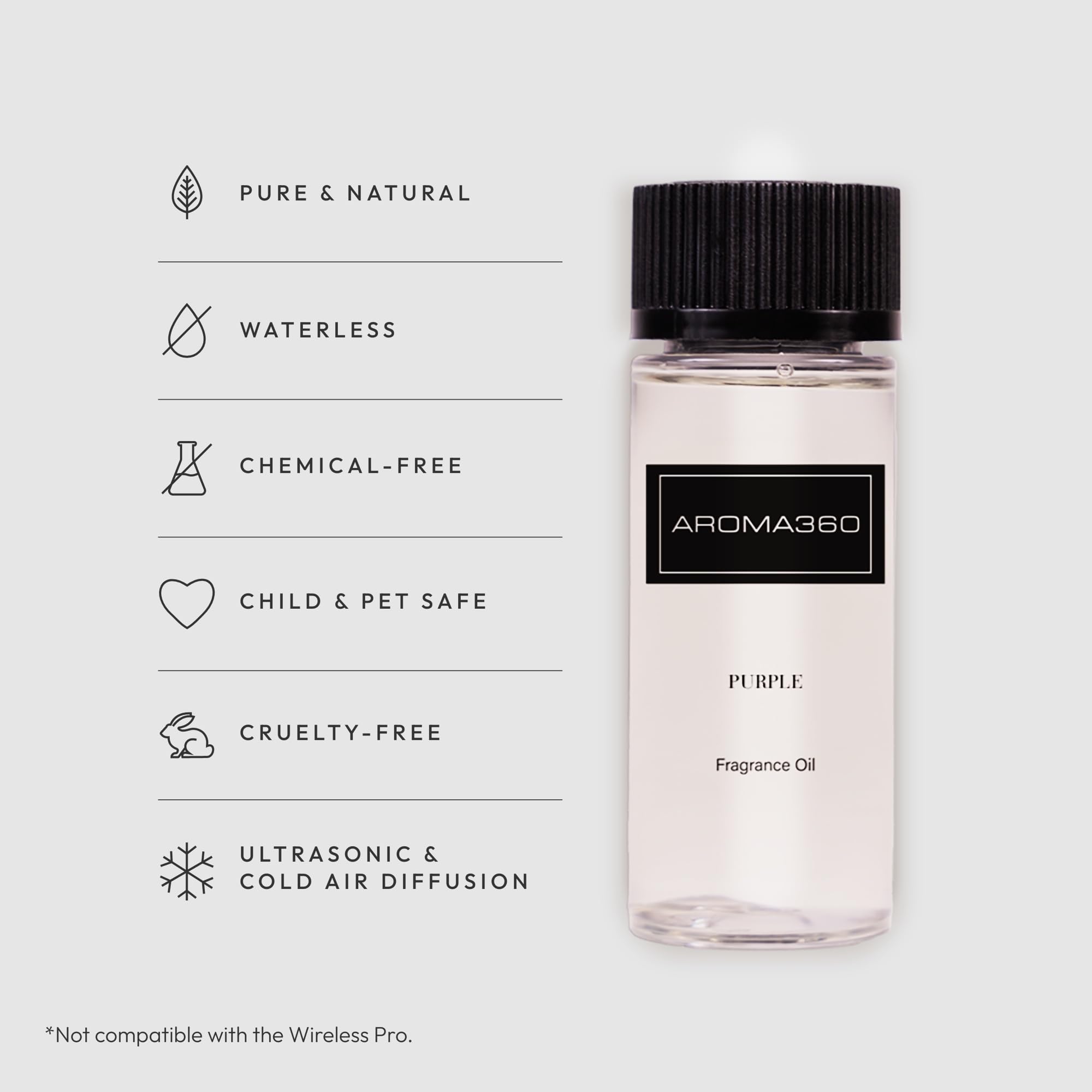 Aroma360 Purple 50ml bottle neroli close-up highlighting uplifting aroma.