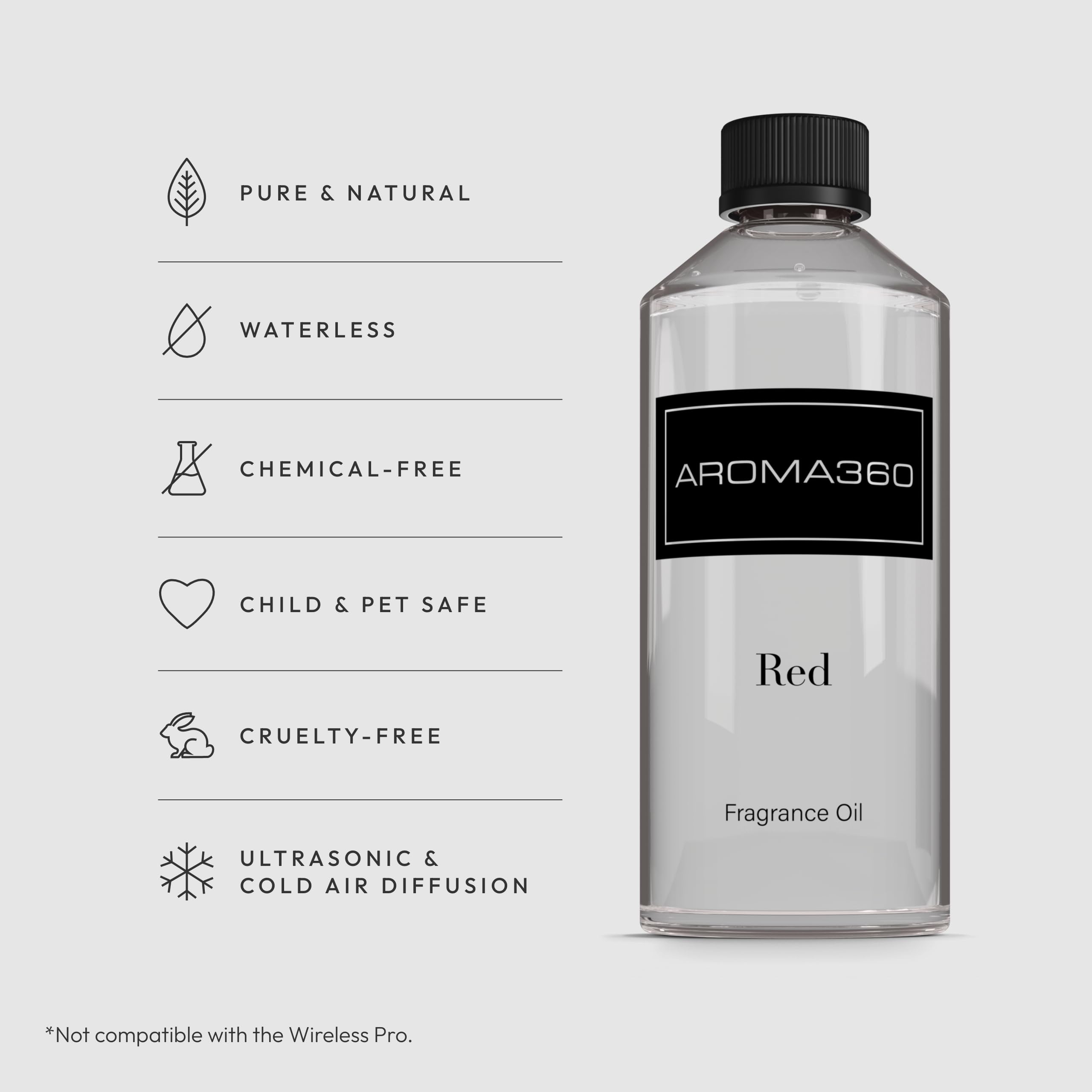 Aroma360 Red 500mL bottle side angle, refined living spaces enhancement.