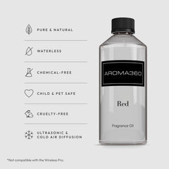 Aroma360 Red 500mL bottle side angle, refined living spaces enhancement.