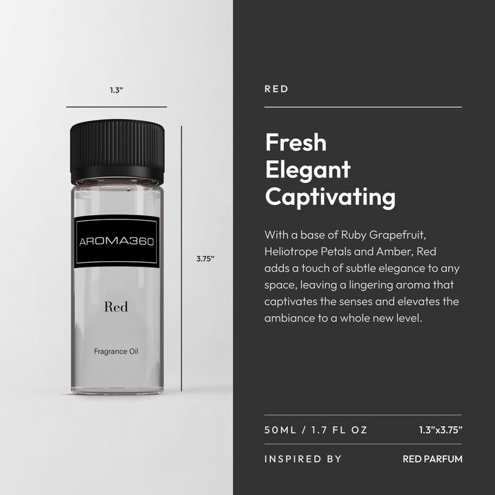 Aroma360 Red Diffuser Oil packaging highlights premium notes for display.
