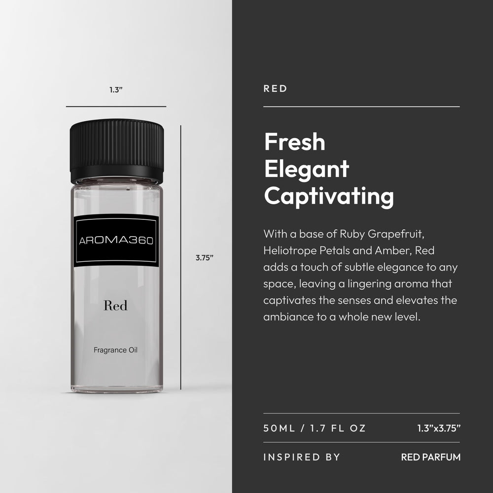 Aroma360 Red Diffuser Oil packaging highlights premium notes for display.