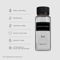Aroma360 Red Diffuser Oil reed diffuser setup with elegant glass for continuous scent.
