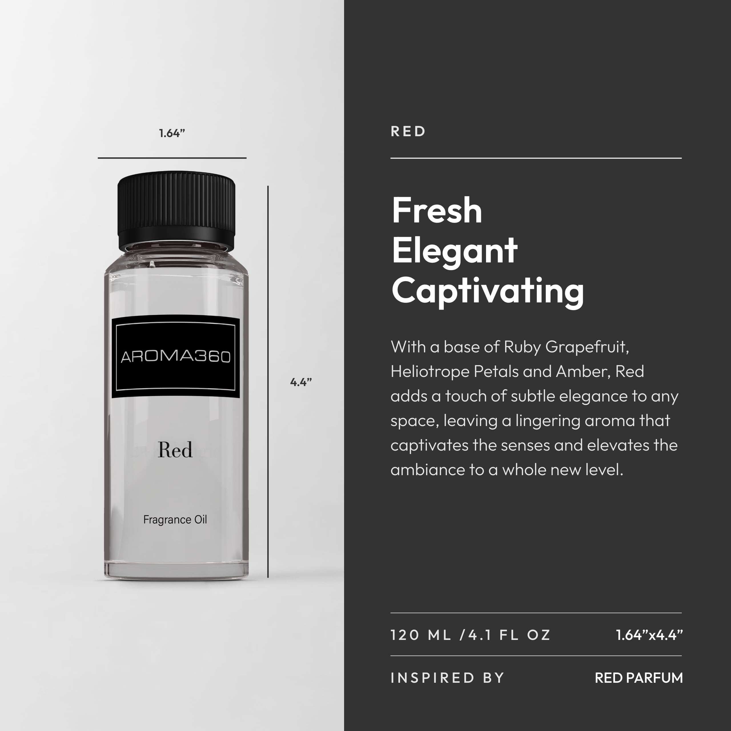 Aroma360 Red Diffuser Oil top-note close-up showcasing ruby grapefruit and bergamot.
