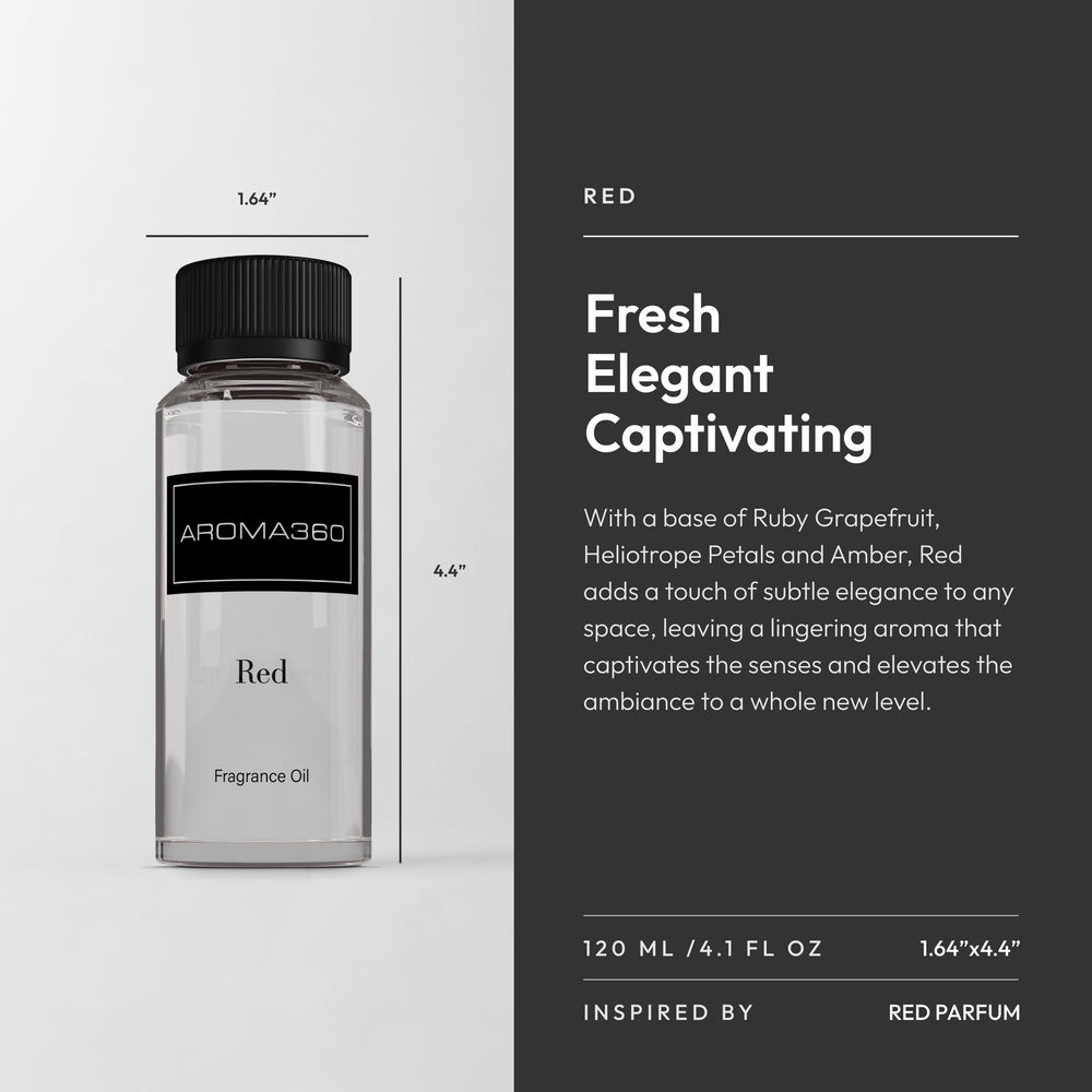 Aroma360 Red Diffuser Oil top-note close-up showcasing ruby grapefruit and bergamot.