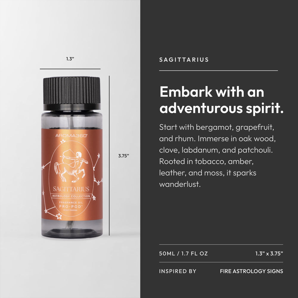 Aroma360 Sagittarius closeup bottle reveals premium essential oils