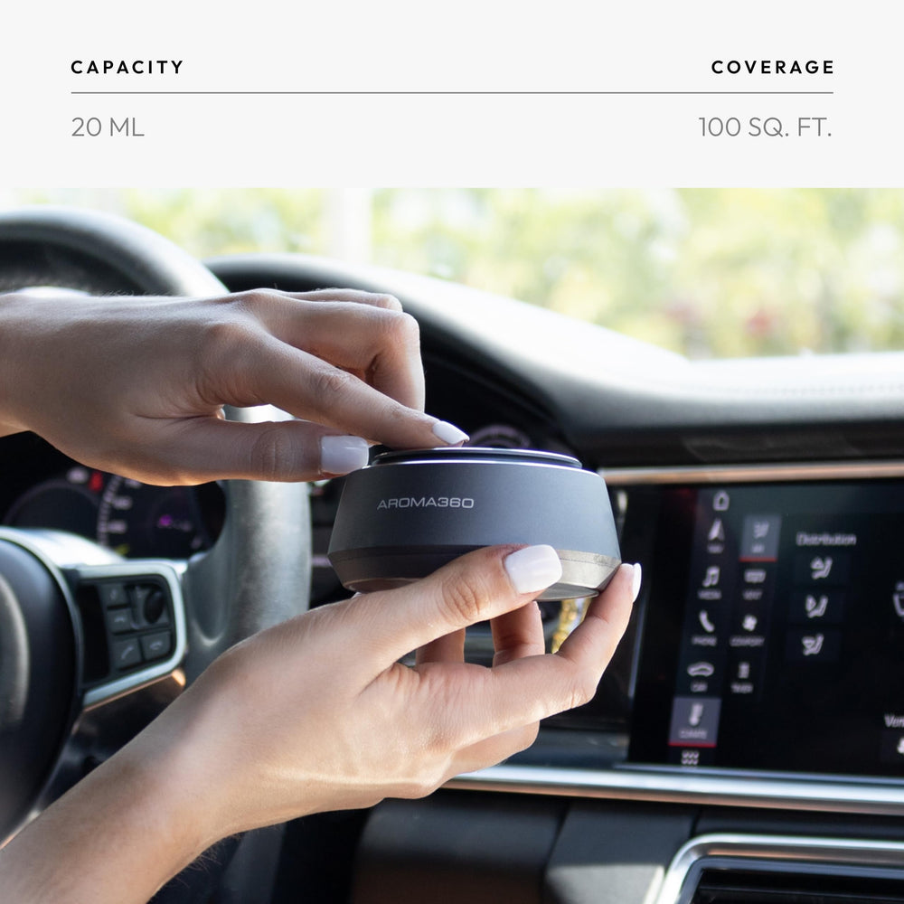 Aroma360 sleek interior diffuser adds stylish, travel-friendly luxury to any vehicle.