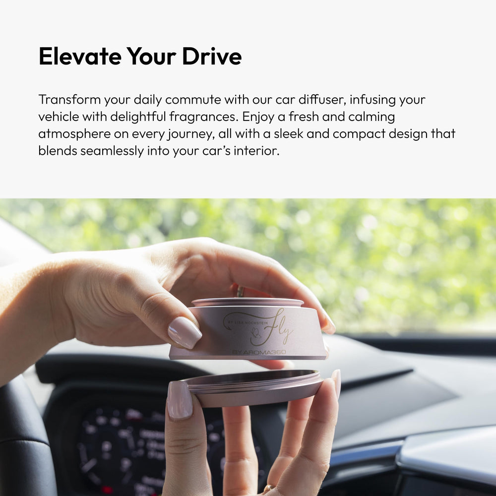 Aroma360 Sleek minimalist diffuser blends with car interior.