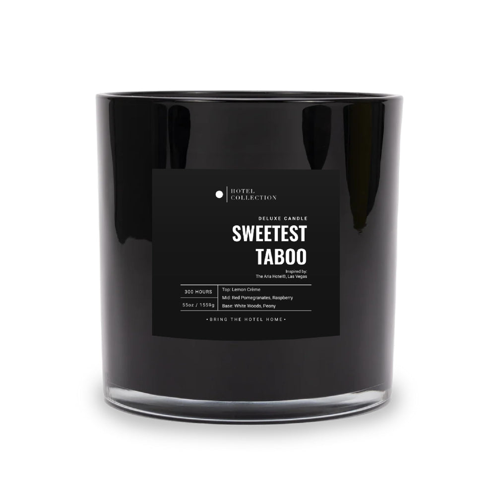 Aroma360 Sweetest Taboo 55oz candle close-up shows a premium jar design and lasting fragrance.
