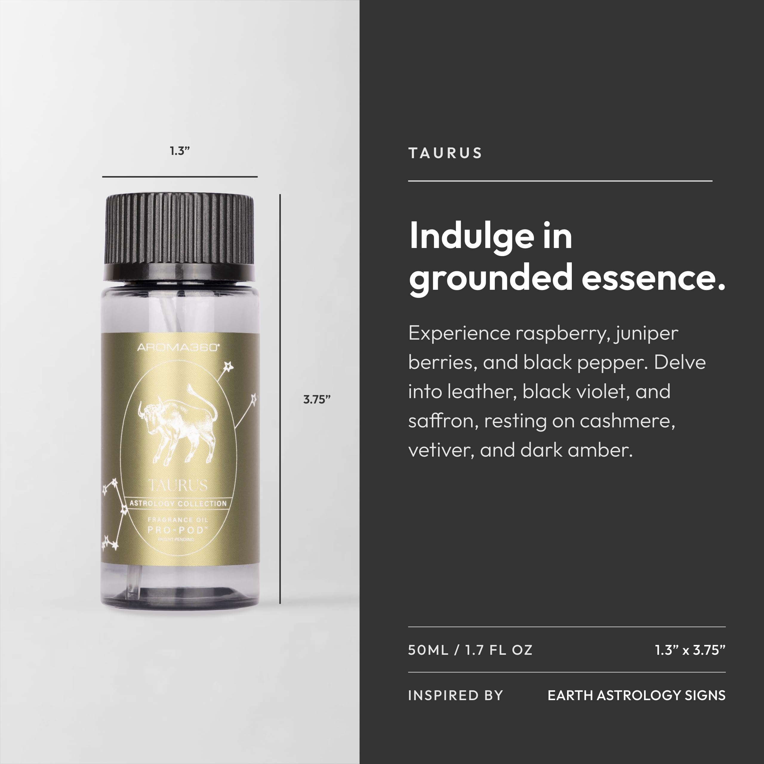 Aroma360 Taurus Pro-Pod oil blend label closeup emphasizes luxurious ingredients