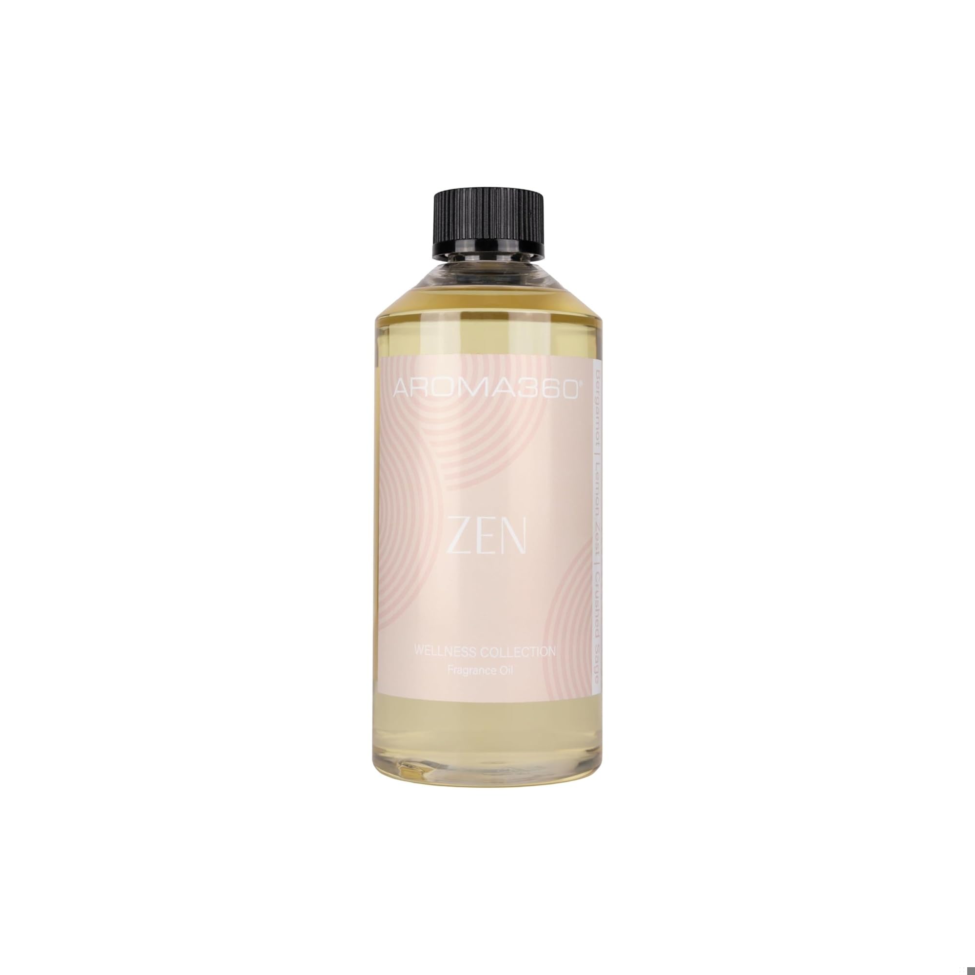 Aroma360 Zen fragrance oil bottle for refreshing rooms with a citrus-sage scent
