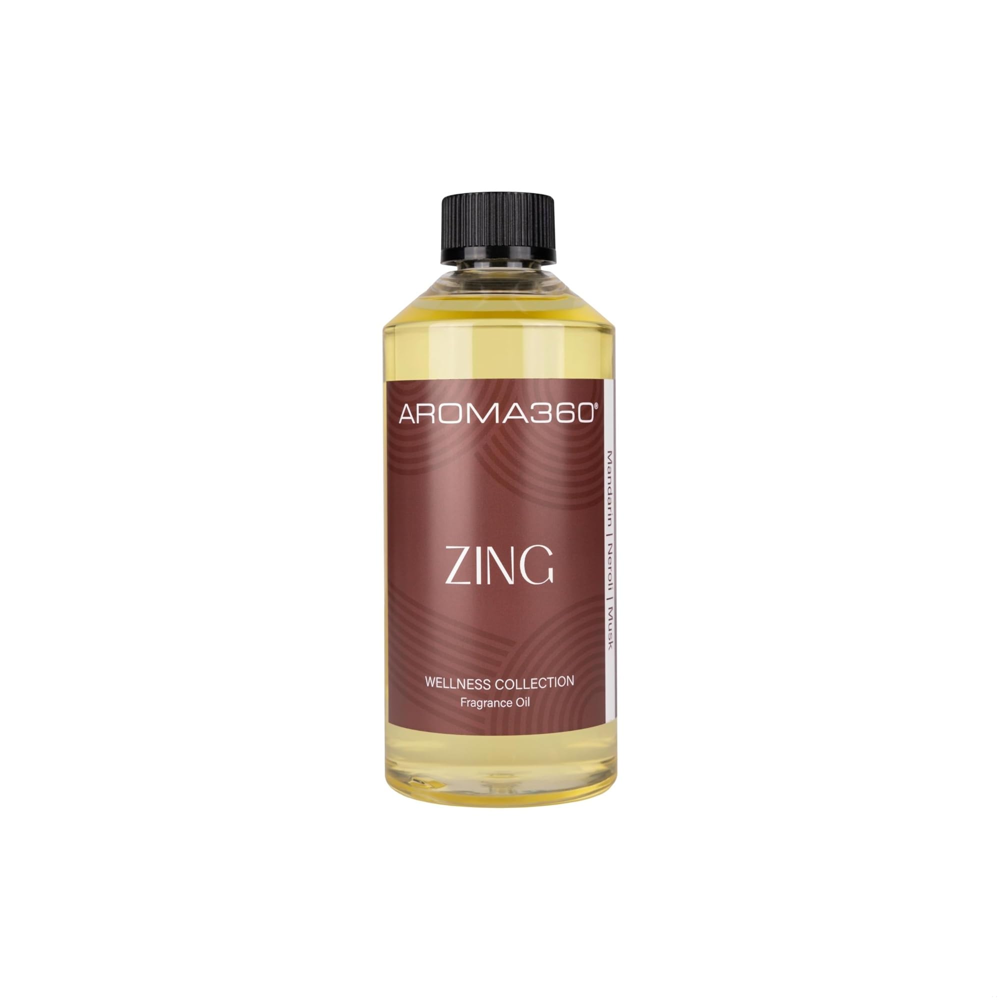 Aroma360 Zing fragrance oil bottle for diffuser use, energizing spaces and uplifting moods.