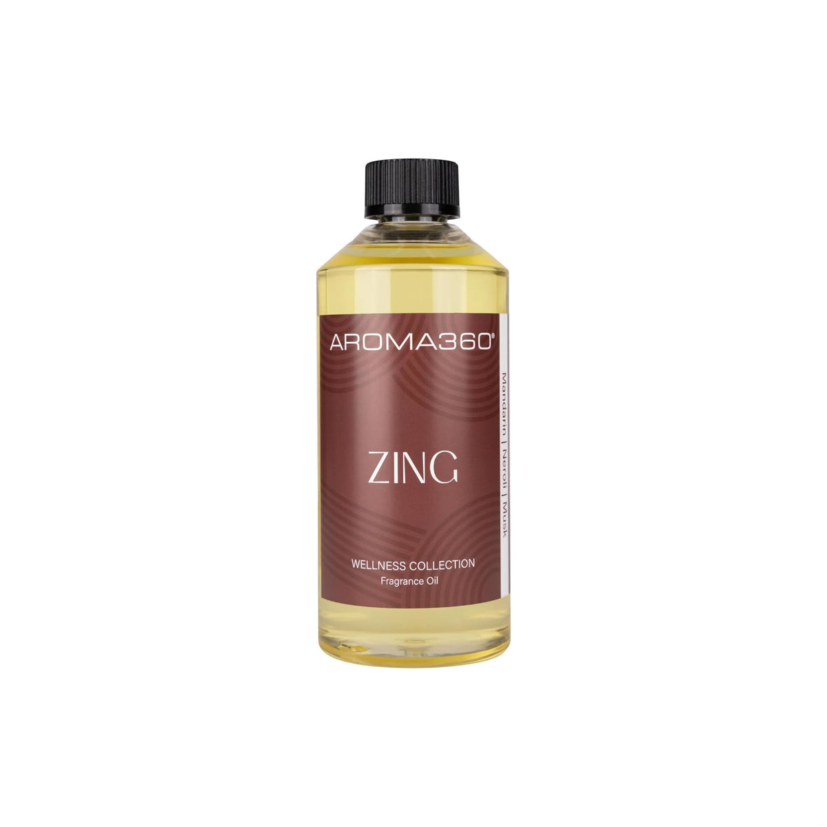 Aroma360 Zing fragrance oil bottle for diffuser use, energizing spaces and uplifting moods.