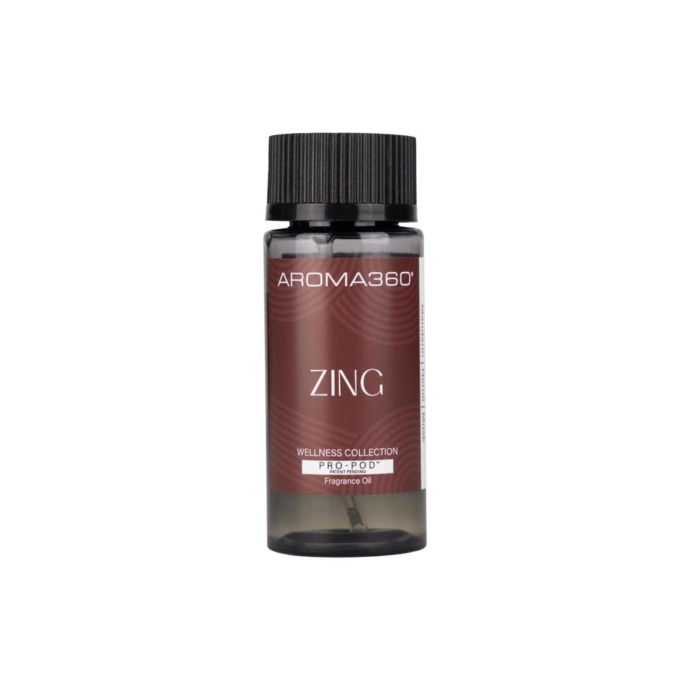 Aroma360 Zing Pro-Pod oil bottle with mandarin-neroli-musk aroma for uplifting spaces.