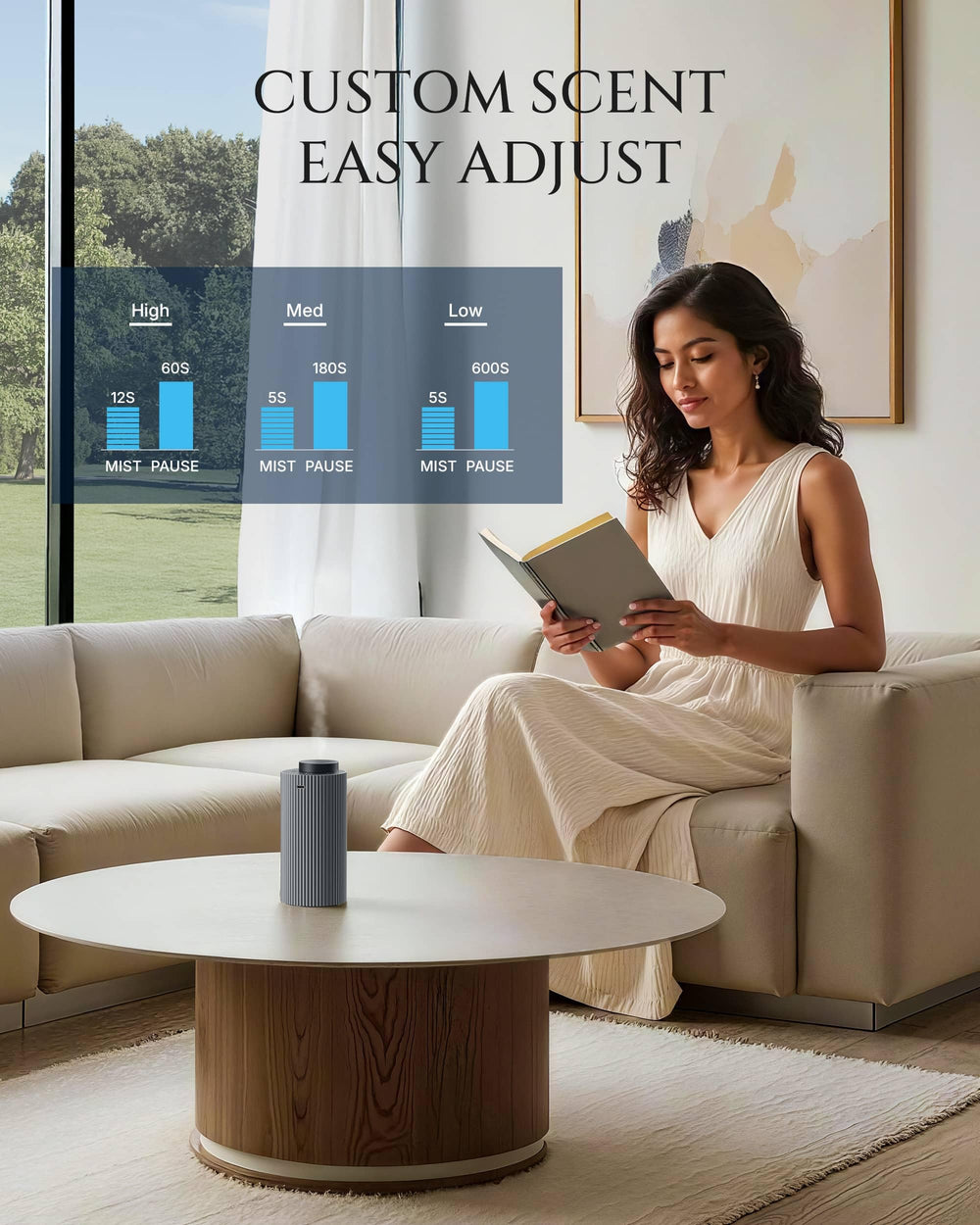 Aromadd diffuser with three intensity levels to adjust scent.