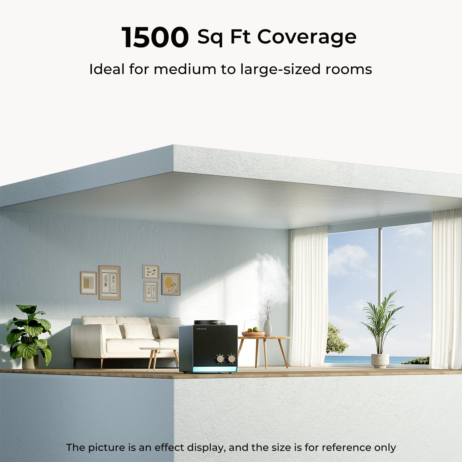 Diffuser covers up to 1500 sq ft for large spaces with Aromadd technology.