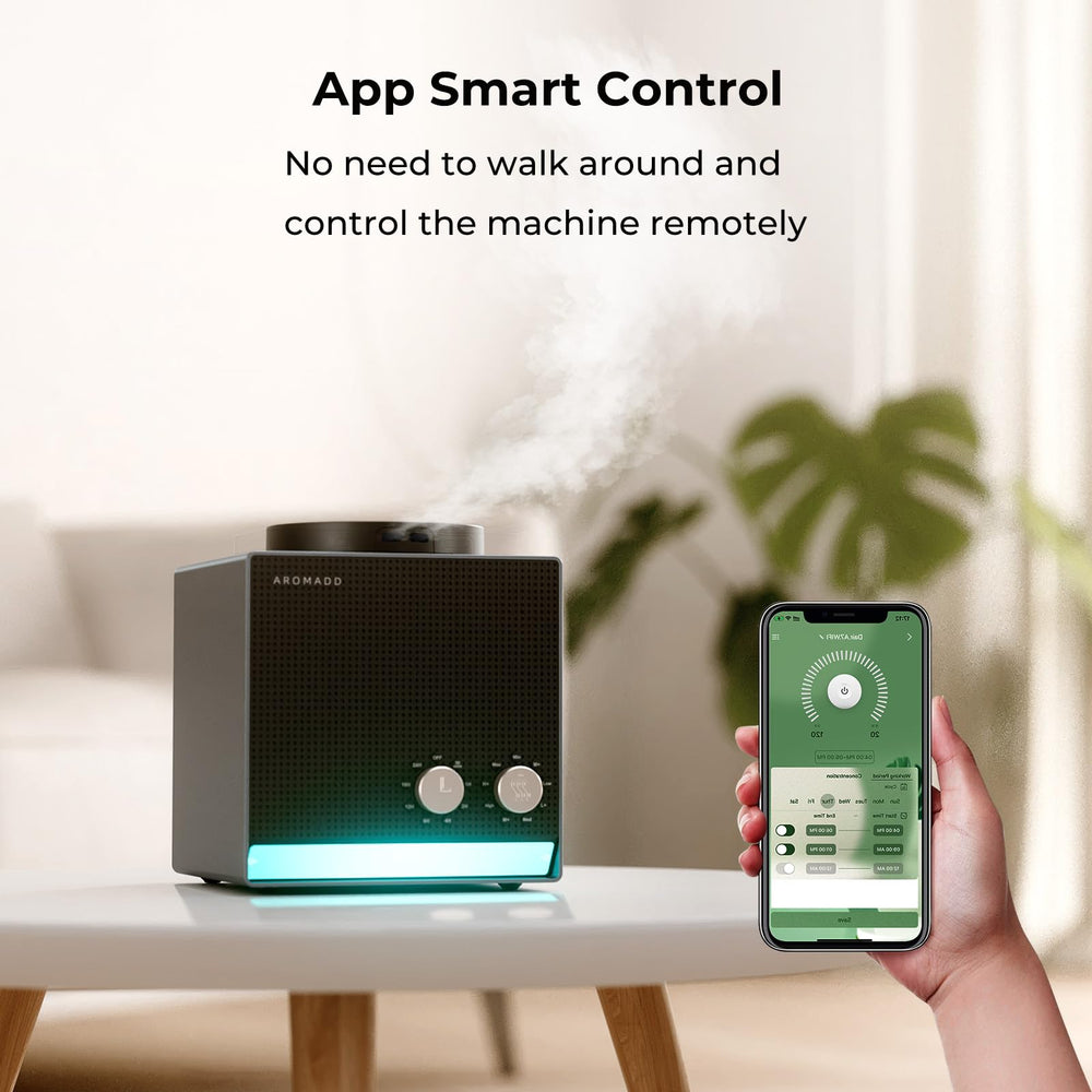 Aromadd app control on iOS and Android for scheduling and remote control.
