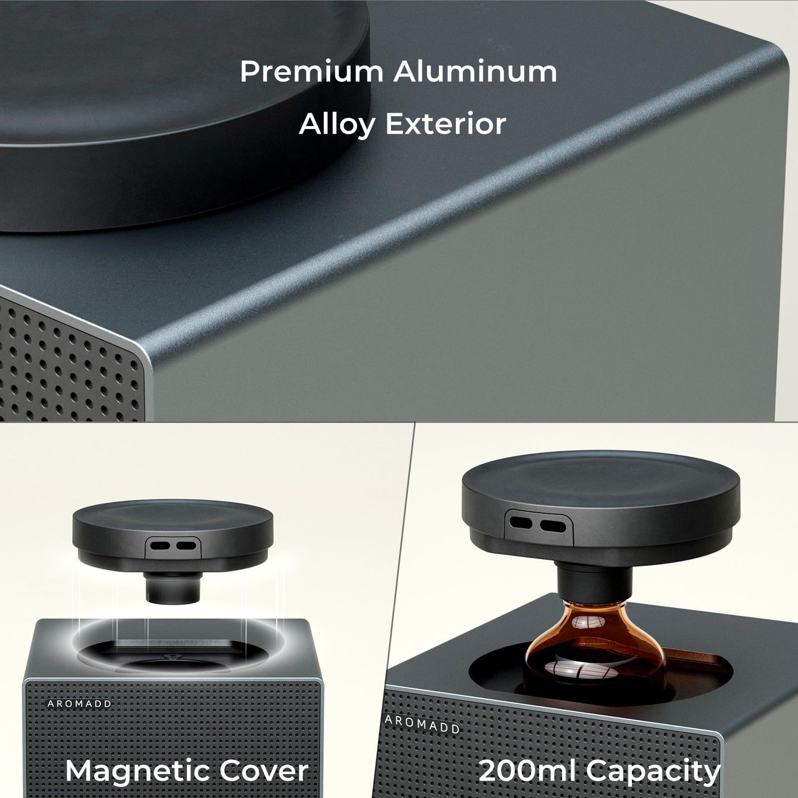 Magnetic head design allows quick, spill-free refills on Aromadd diffuser.