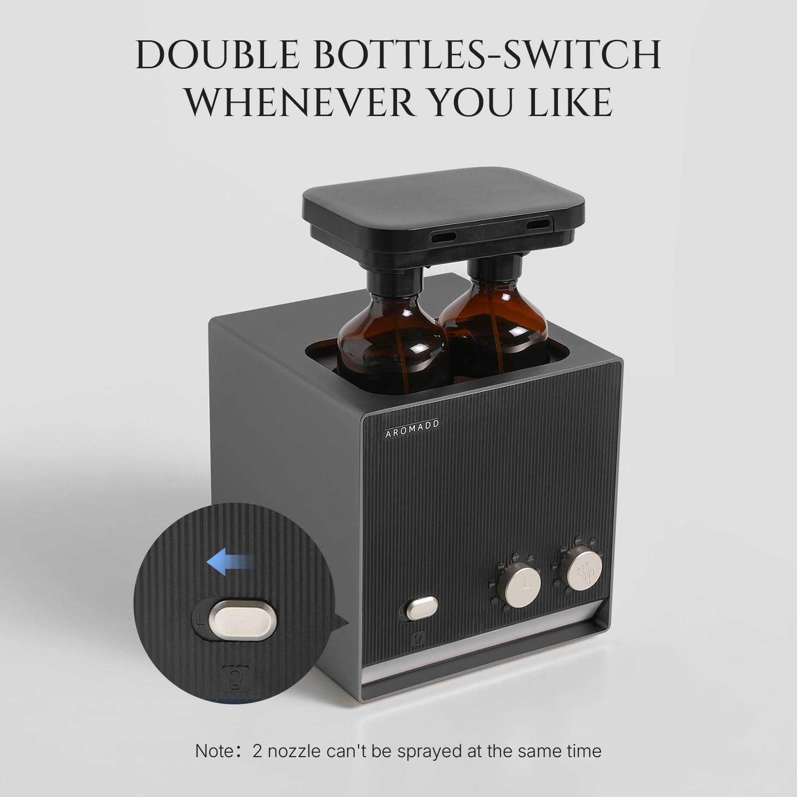 Aromadd dual-nozzle closeup showing two scent options