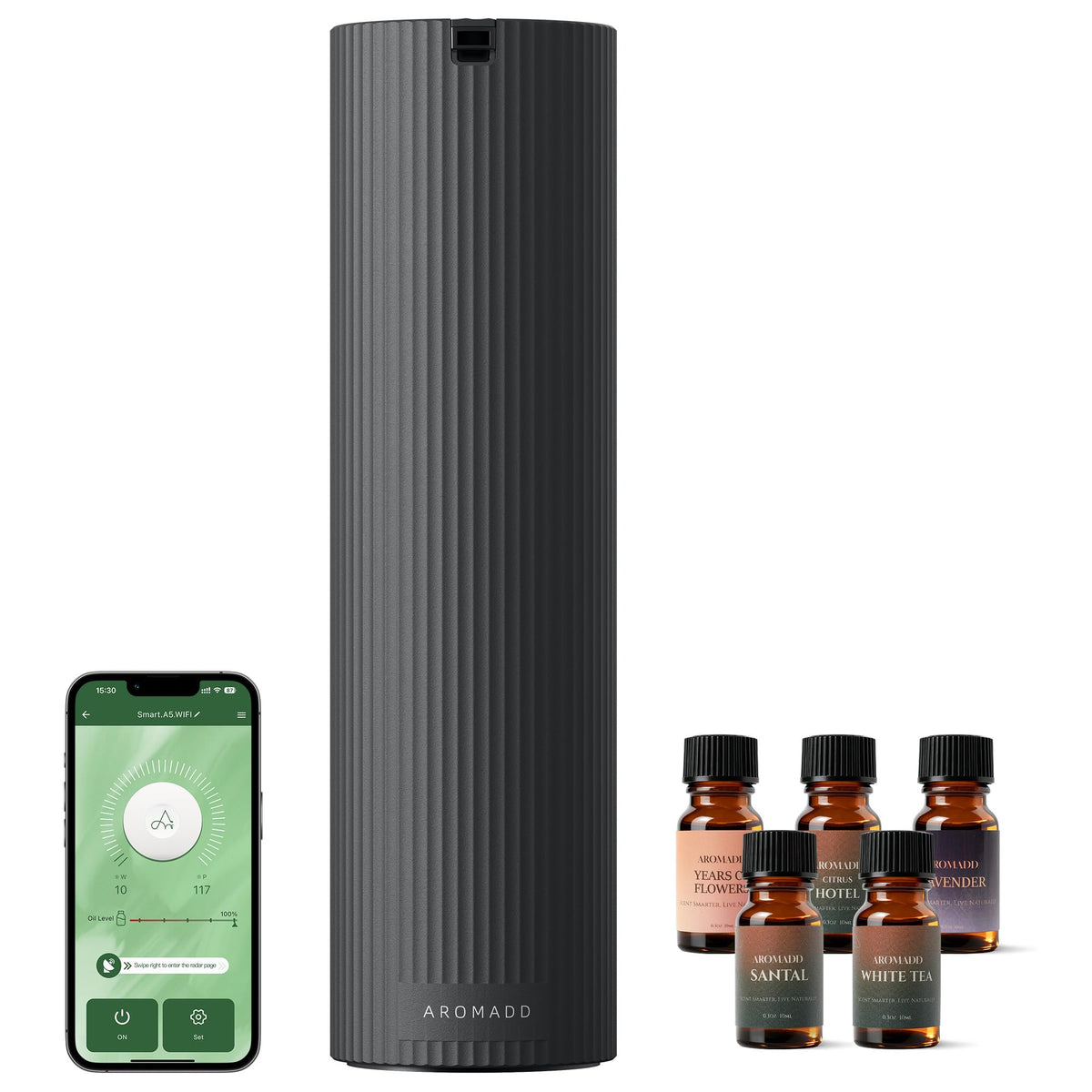Aromadd scent diffuser front view; sleek black design for large room coverage.