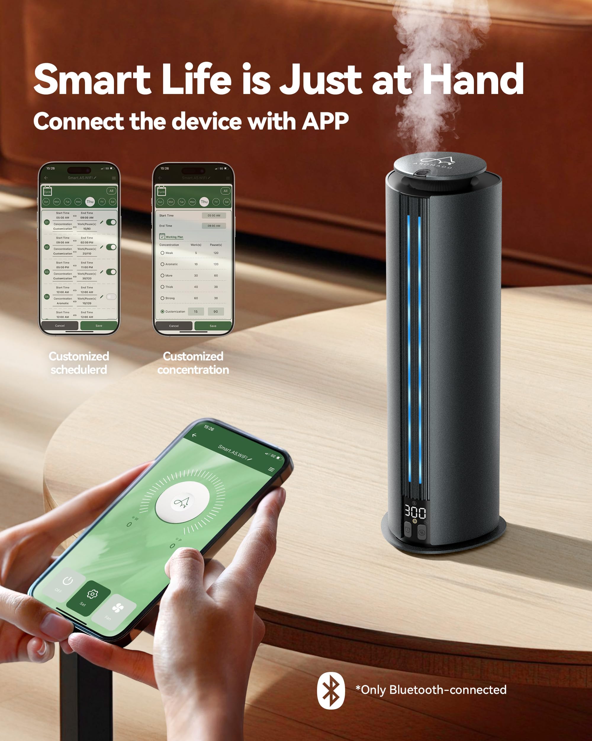 Aromadd smart app control lets you schedule and adjust intensity easily.