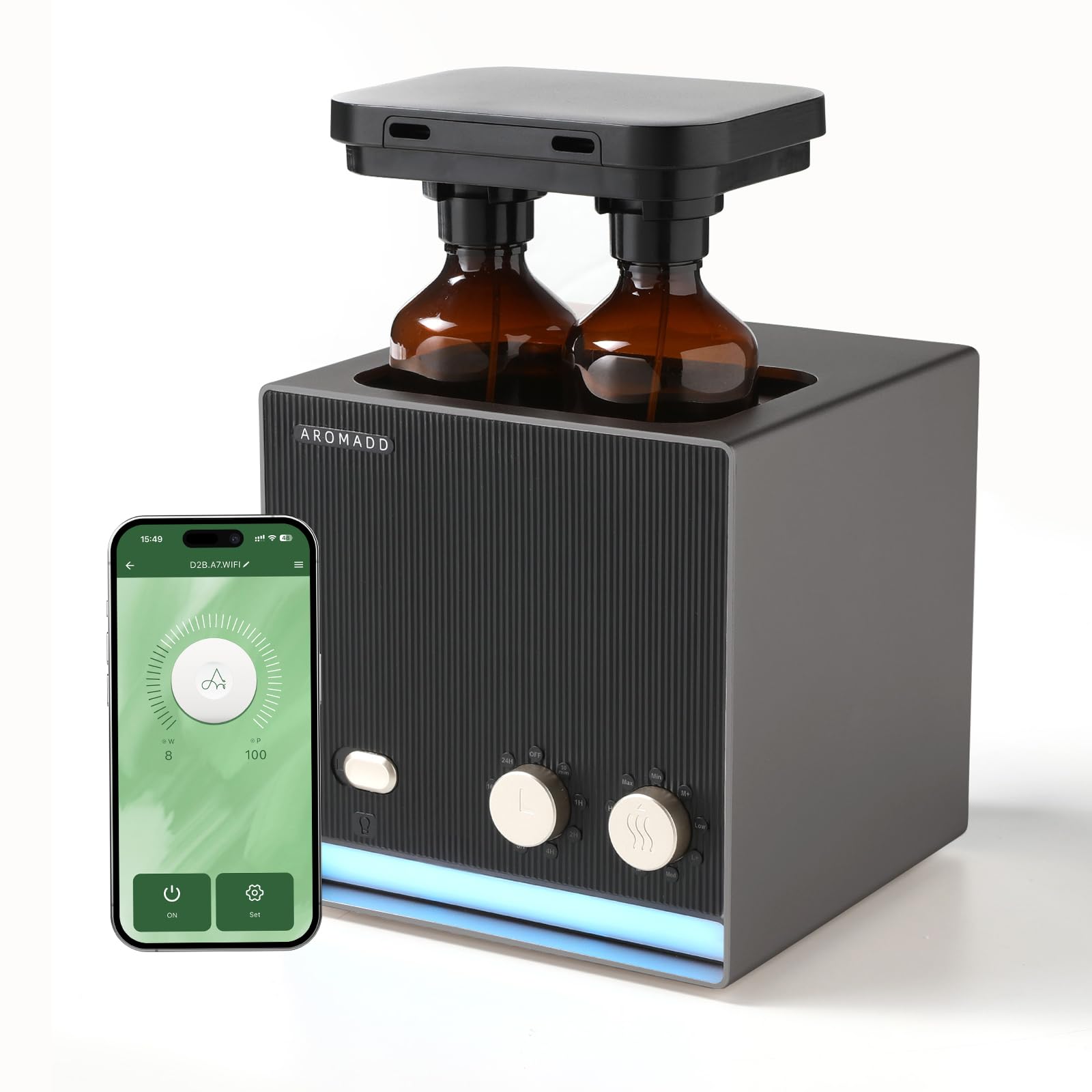 Aromadd smart waterless diffuser with dual nozzle enabling dynamic scent zones.