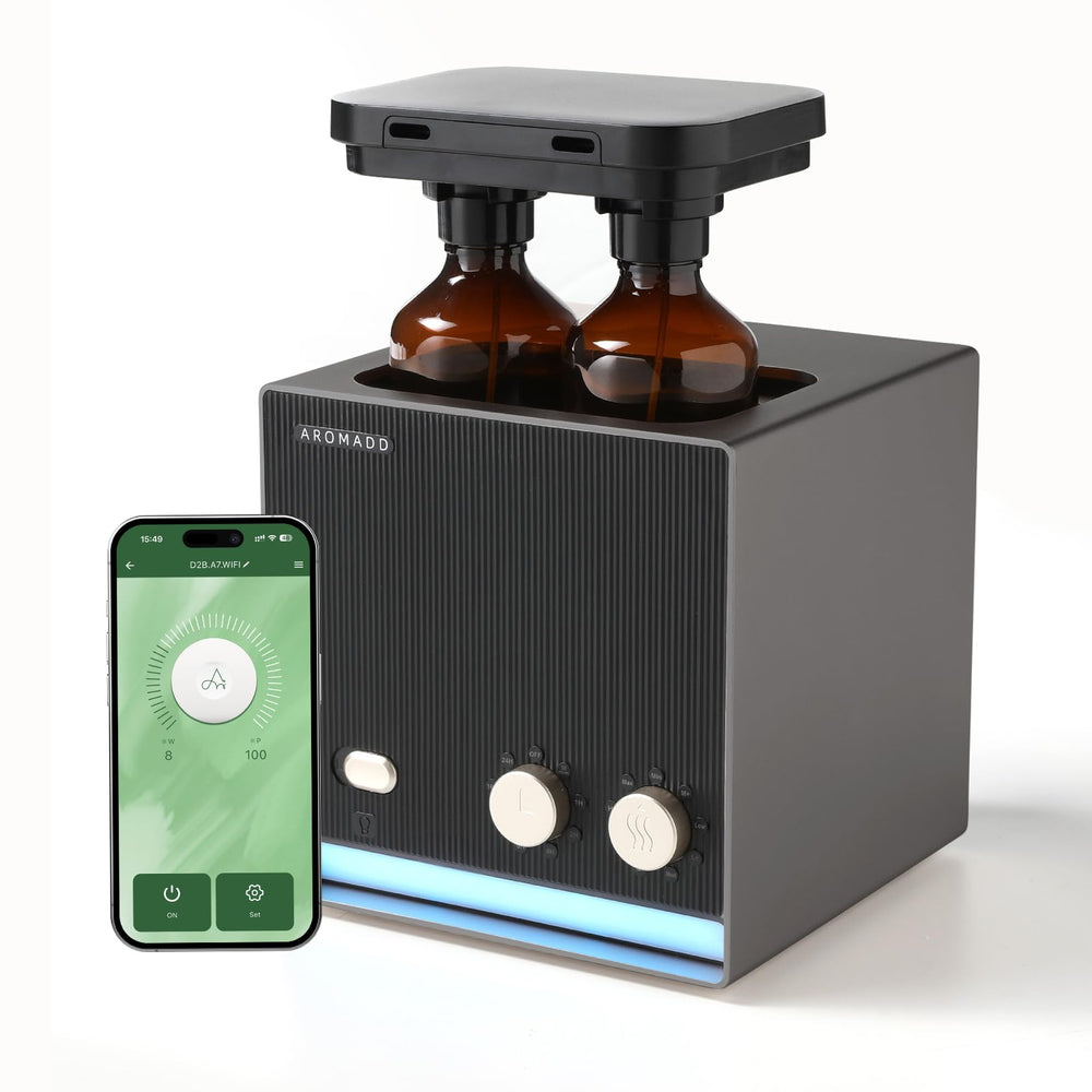 Aromadd smart waterless diffuser with dual nozzle enabling dynamic scent zones.