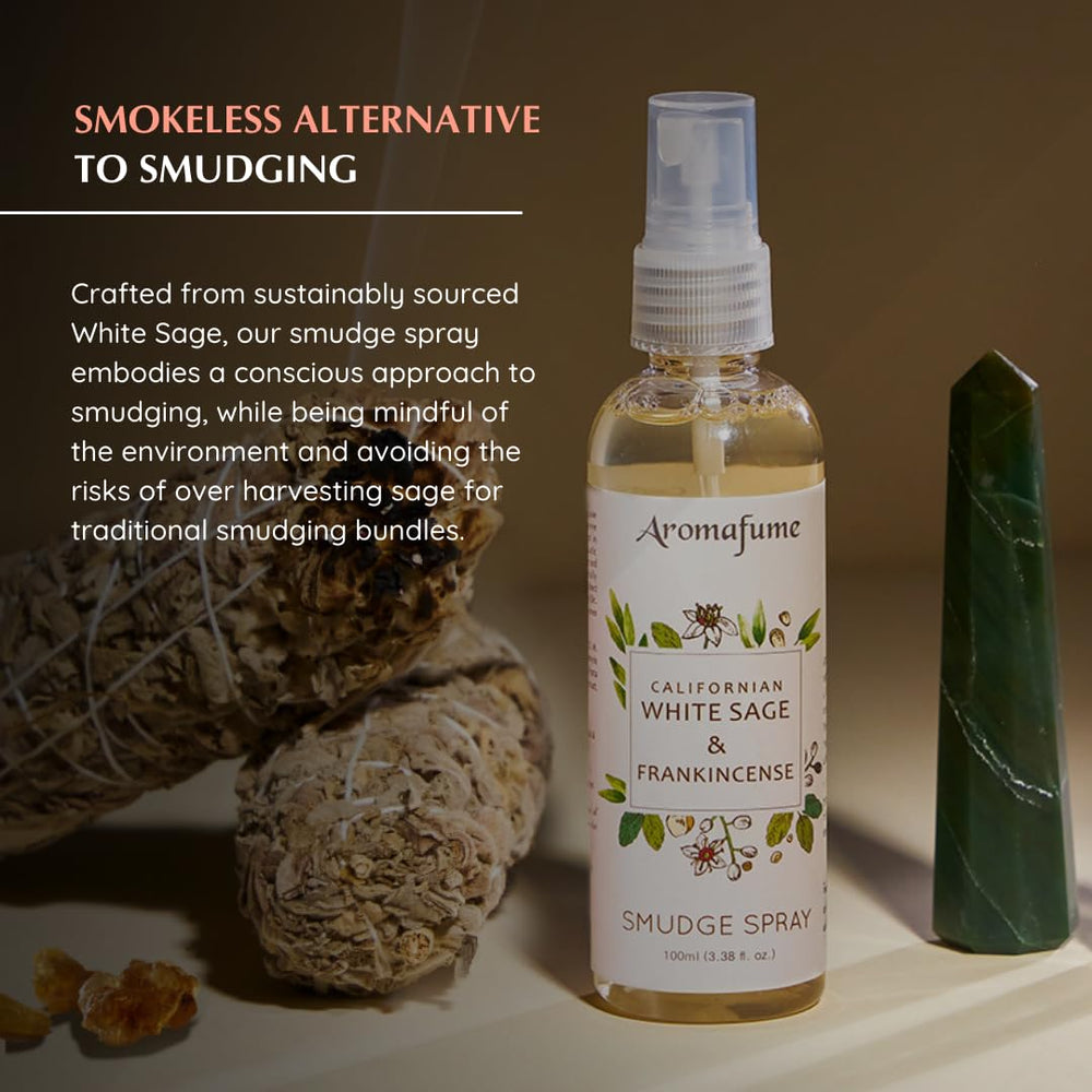Aromafume bottle label detail shows ethical packaging and clean ingredients for mindful cleansing.