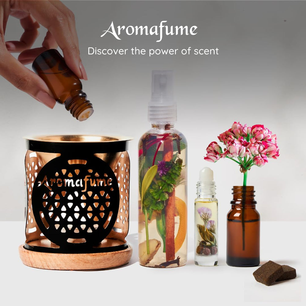 Aromafume essential oil 10ml bottle pairs with this burner.
