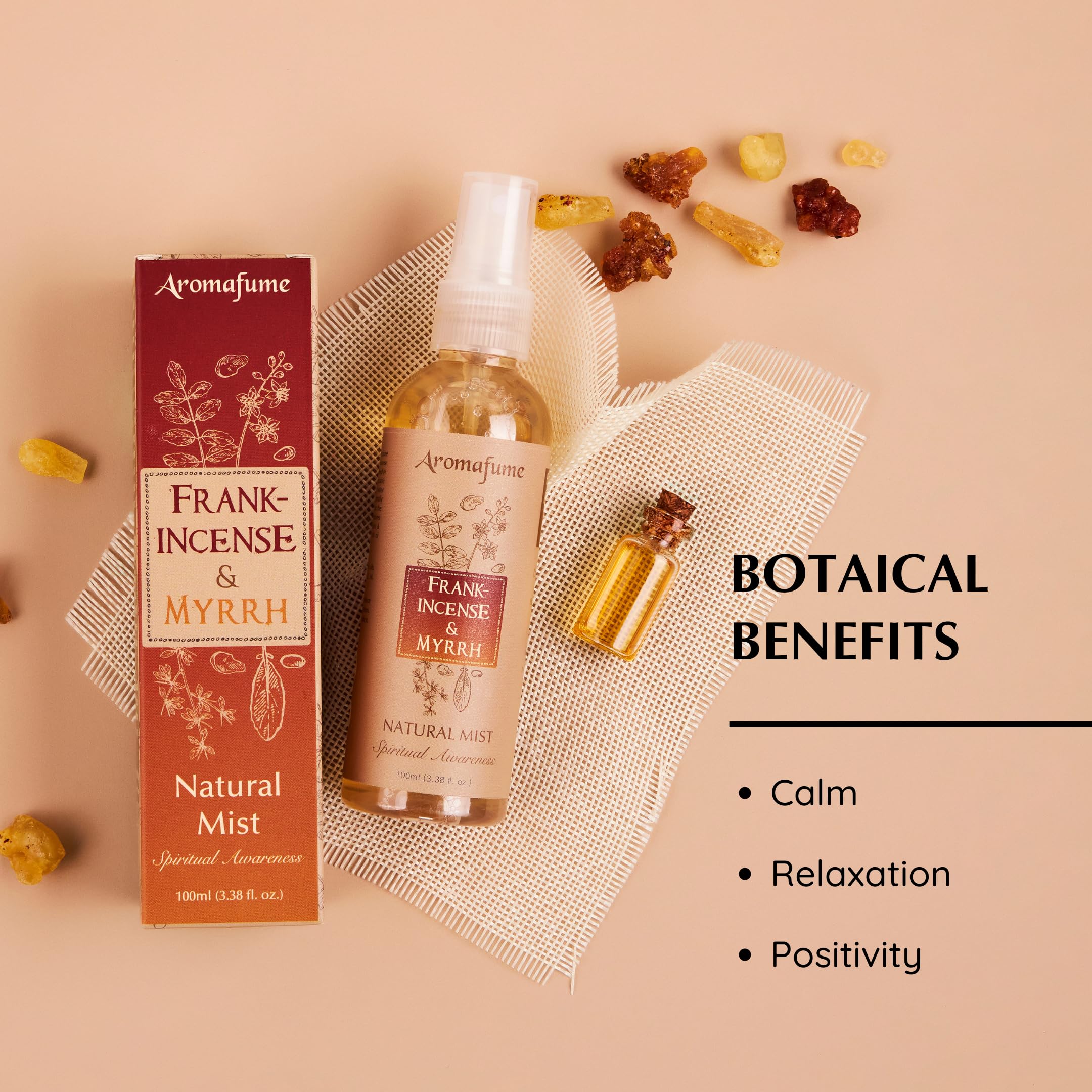 Closeup of Aromafume resin mist label and branding