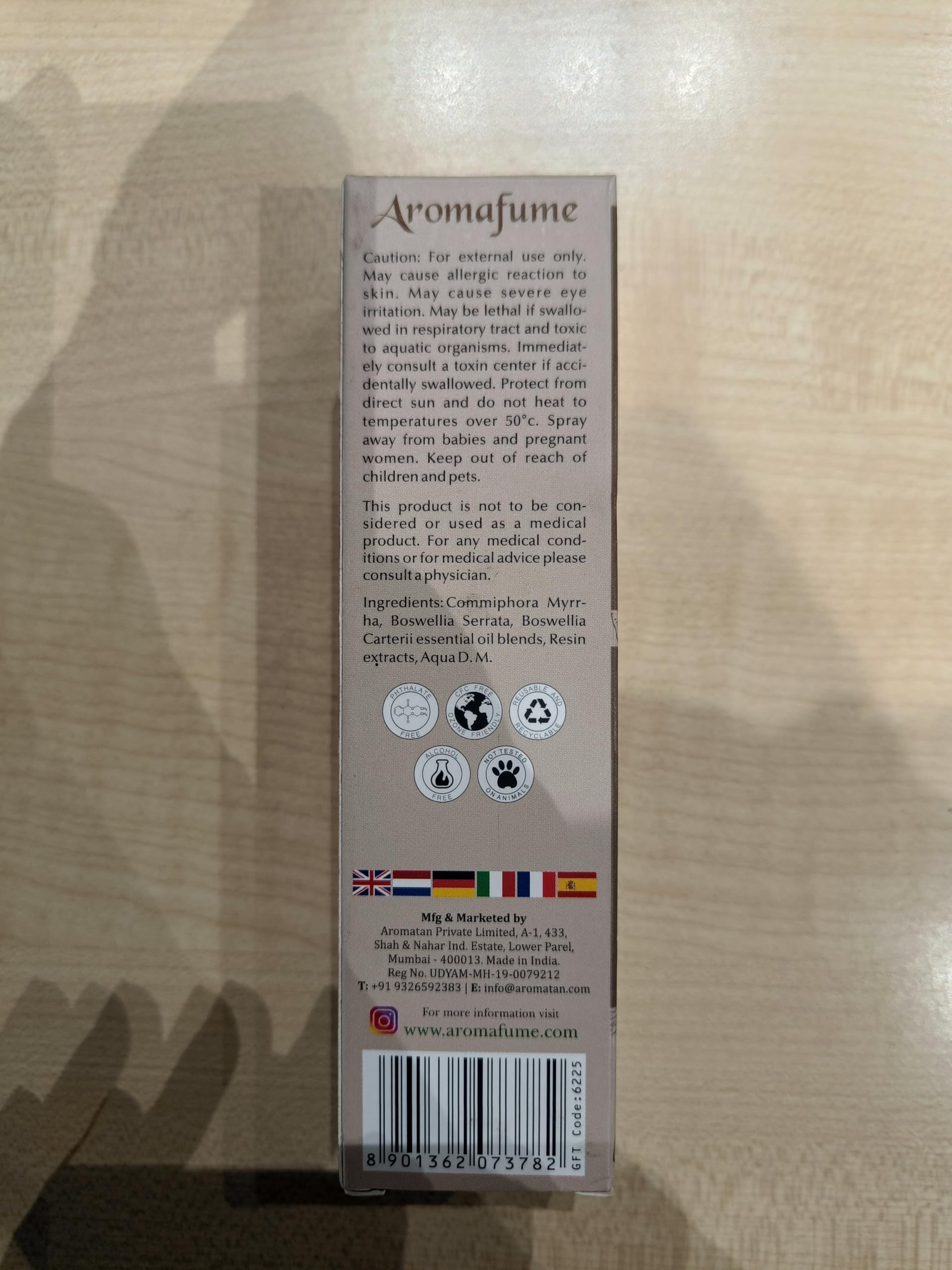 Sustainable packaging of Aromafume Frankincense Myrrha resin mist
