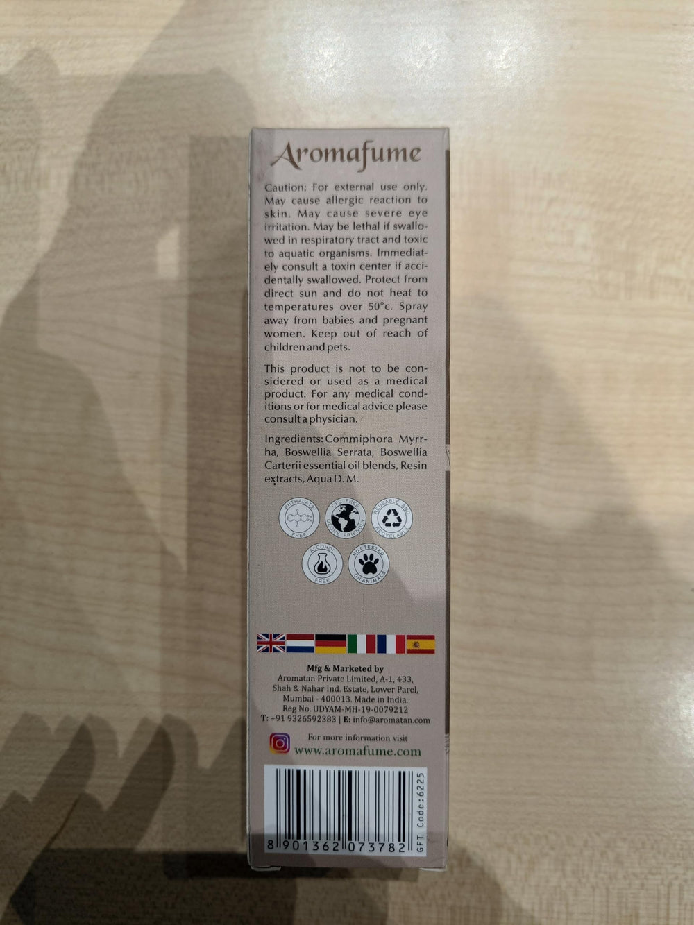 Sustainable packaging of Aromafume Frankincense Myrrha resin mist