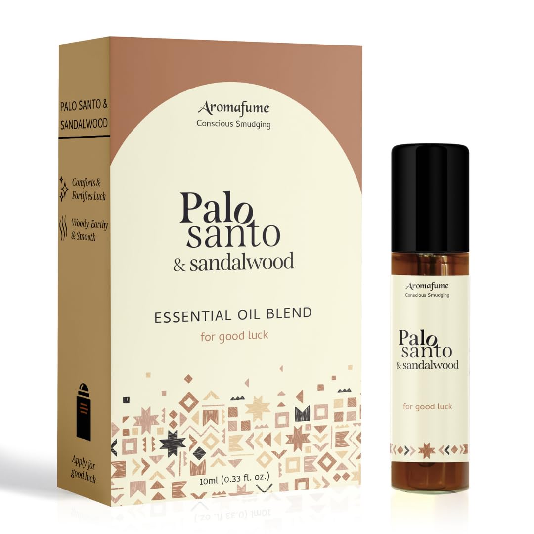Aromafume Palo Santo & Sandalwood roll-on bottle close-up for on-the-go mood support.