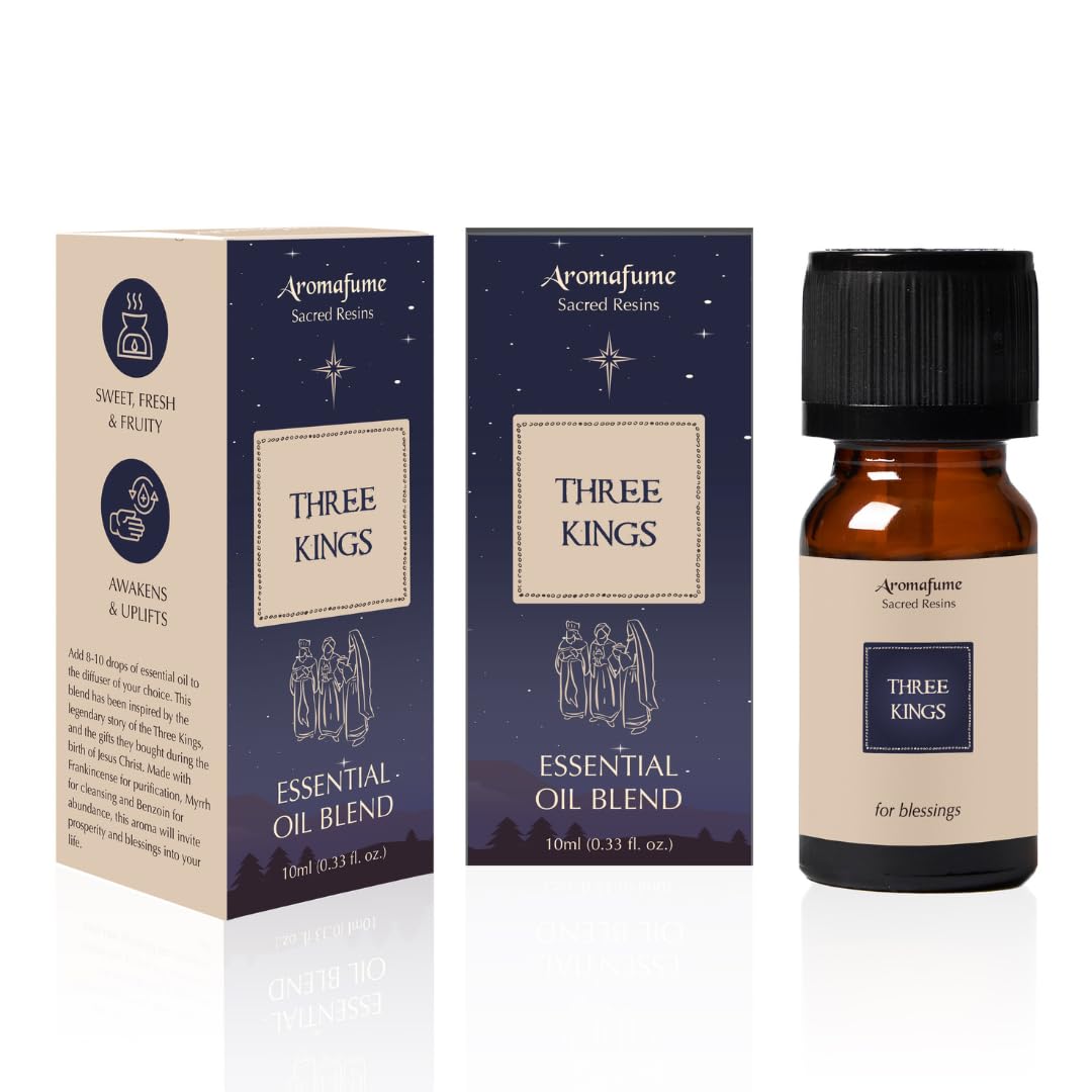 Aromafume Three Kings bottle close-up showing label and resin profile for grounding use