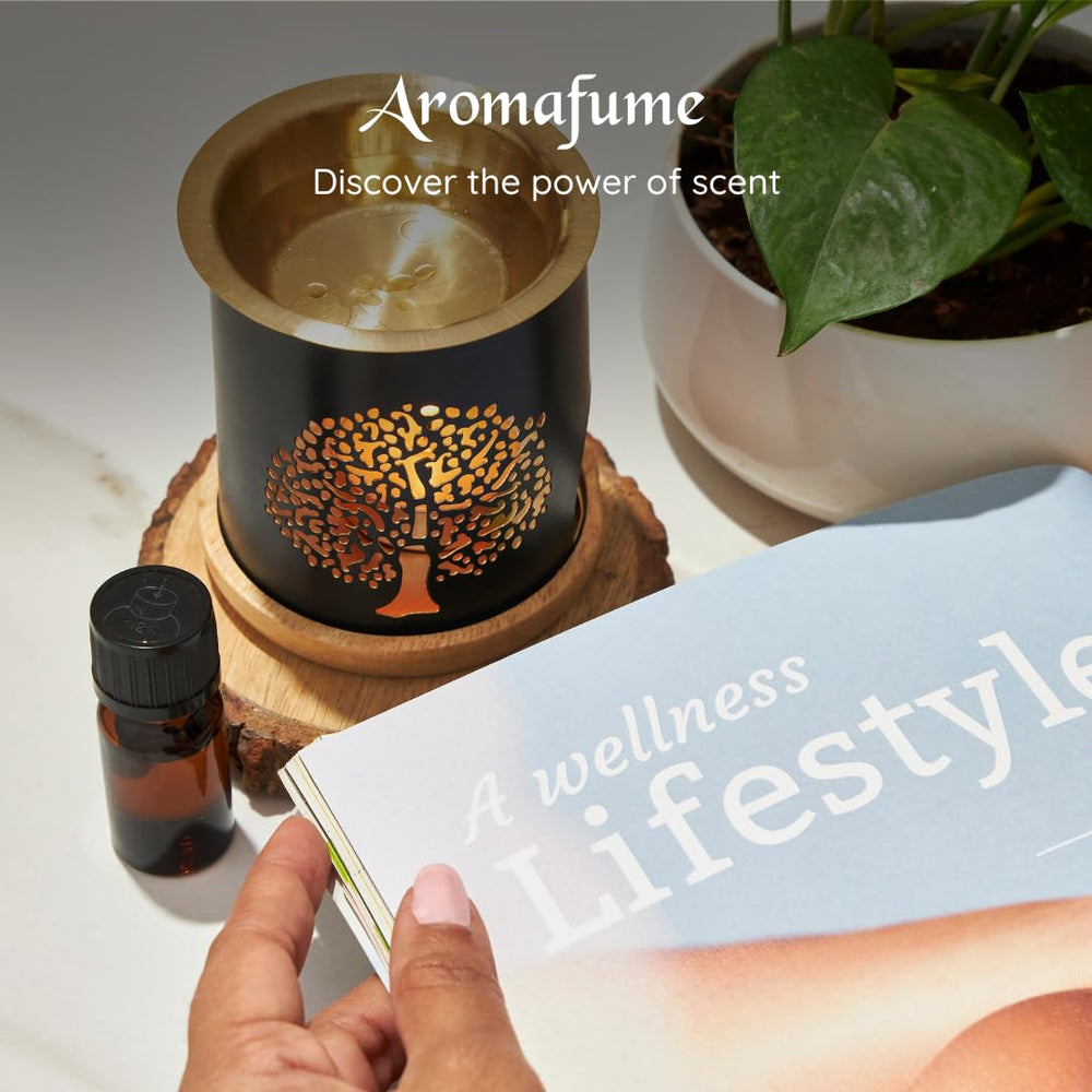 Aromafume wooden coaster and tea light support safe, steady diffusion.